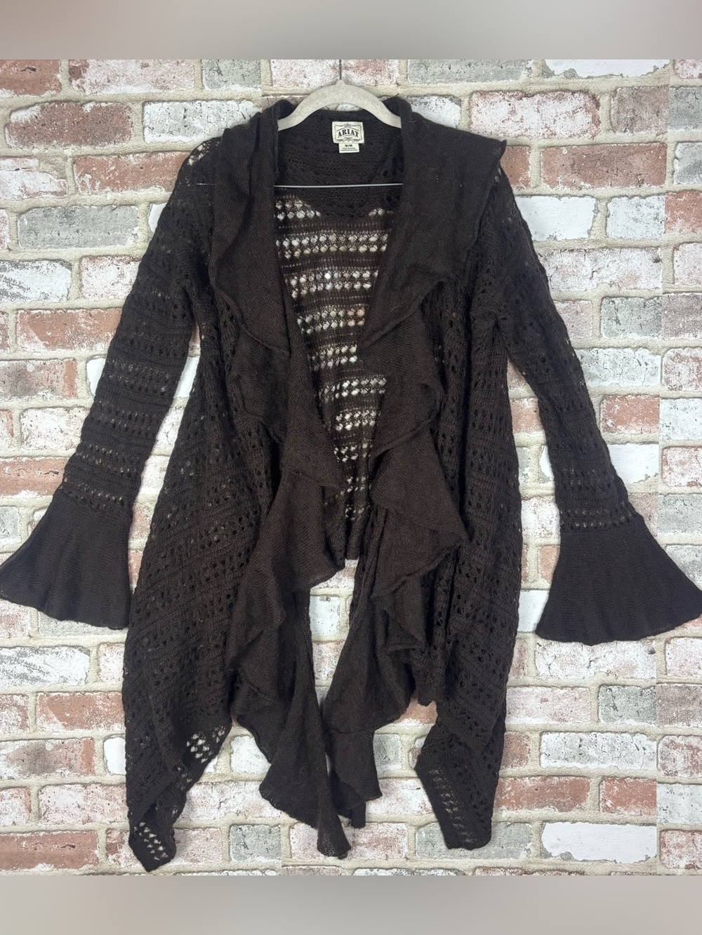 Ariat Open knit open front cardigan Ruffle Brown western wool blend Women medium